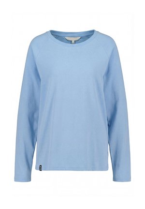 Hellblaues Langarmshirt mit Rundhalsausschnitt, Raglanärmeln und einem kleinen schwarzen Etikett nahe dem Saum vor weißem Hintergrund.