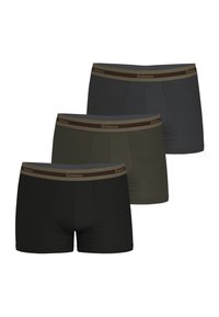 Trois paires de boxers en noir, gris foncé et vert olive. Chaque modèle présente une taille douce avec le logo "Eminence". Matière mélangée coton.