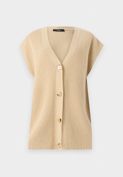 Beige strikket cardigan med v-udskæring, korte ærmer og fem guldknapper langs forsiden. Ribbet tekstur og løs pasform.