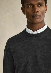 Mörkgrå stickad tröja med rund halsringning, bärs över en vit skjorta med krage. Texturen är jämn, med små variationer i nyanser.