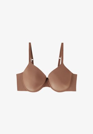 Braun gepolsterter BH mit Bügel. Glattes Material, verstellbare Träger und ein Haken- und Ösenverschluss. Nahtloses Design für ein schlankes Erscheinungsbild.