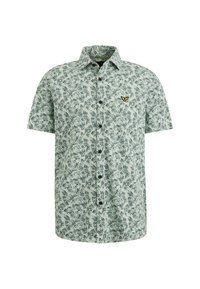 Camisa de manga corta con botones en tela verde claro, con un estampado de hojas en verde más oscuro y un pequeño logo amarillo en el pecho.