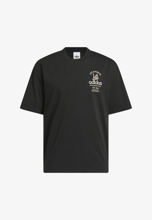 T-shirt in cotone nero con maniche corte, collo a giro, e stampa bianca con il logo "Los Angeles" e "Adidas" sul fronte.