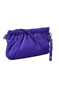 Purple leather clutch bag with gathered texture, adjustable strap, and metallic hardware. Features a subtle logo embossed on the side.