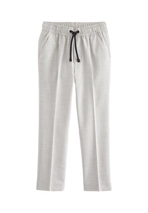 Pantaloni gri deschis, cu croială dreaptă, talie elastică și șnur negru, cu buzunare laterale și material texturat.