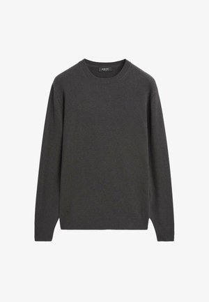 Grauer Strickpullover mit Rundhalsausschnitt, langen Ärmeln und gerippten Bündchen. Der Stoff wirkt weich mit einer glatten Textur.