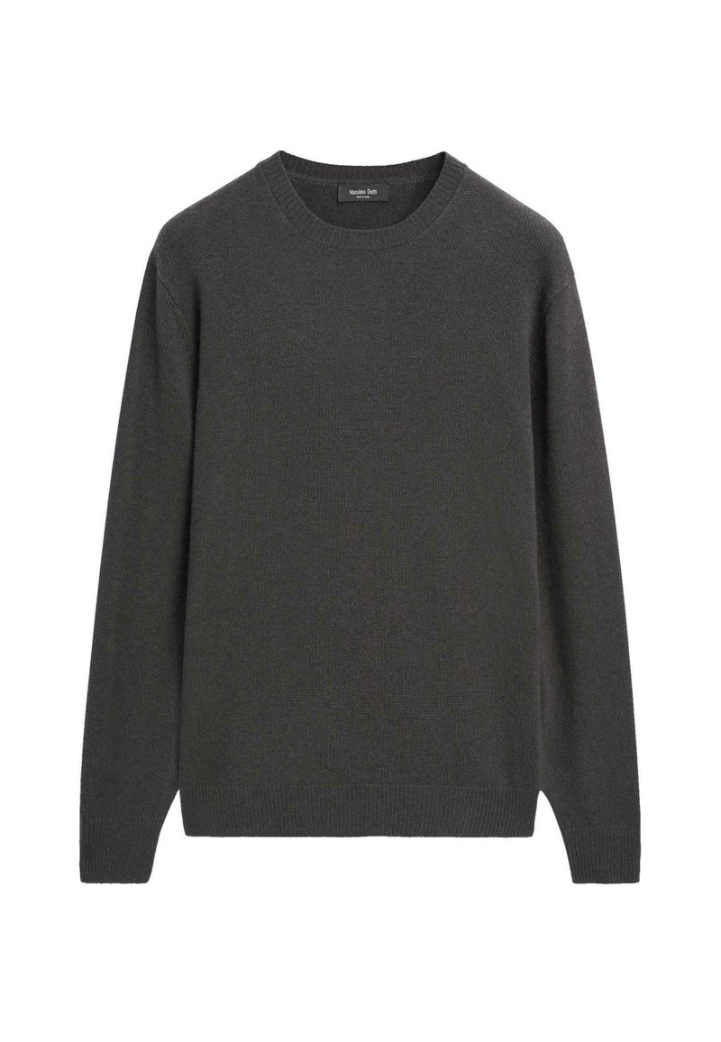 Maglione grigio lavorato a maglia con collo rotondo, maniche lunghe e polsini a costine. Il tessuto appare morbido con una texture liscia.