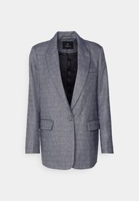 Veste grise en tissu texturé, fermeture à un bouton, deux poches avant, revers crantés et doublure noire à l'intérieur.