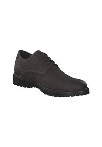Zapato de vestir de cuero marrón oscuro con puntera redonda, diseño con cordones y suela de goma texturizada. Presenta costuras en contraste y un acabado suave.