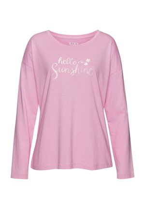 Rimpelshirt met lange mouwen in het roze, gemaakt van zachte katoen, met de tekst "hello Sunshine" in witte cursieve letters en een klein bloemdetail.