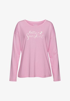 Dlhý rukáv ružové tričko vyrobené z jemnej bavlny, na ktorom je nápis "ahoj slnko" v bielom písme v kurzíve a malý detail kvetu.