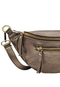Sac à épaule en cuir bronze métallique avec une forme arrondie. Comprend deux zips dorés et une bandoulière amovible. Texture lisse avec des accents sur les côtés.