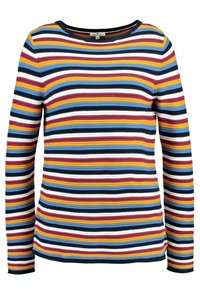 Chemise à manches longues rayée avec des bandes de couleurs variées en jaune, bleu, rouge, noir et blanc. Encolure ronde avec texture côtelée.