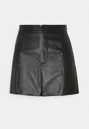 Black leather shorts with a smooth finish, featuring a high waistband, button closure, and two front pleats for added design detail.