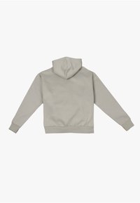 Sweat à capuche gris clair, doté de poignets et d'un ourlet côtelés, d'une texture douce et d'une silhouette décontractée avec un design simple.