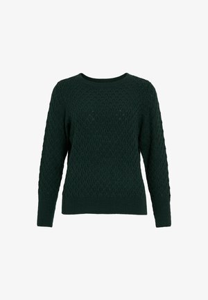 Dark green knitted sweater featuring a textured diamond pattern, crew neckline, and long sleeves, with ribbed cuffs and hem.
