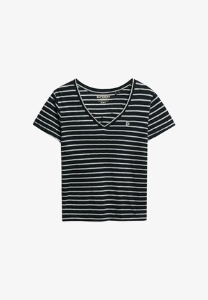 Granatowo-biała koszulka w paski z krótkim rękawem i dekoltem w serek, z małym logo na piersi, wykonana z miękkiej bawełny.
