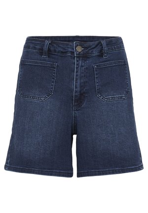 Şorturi din denim de culoare bleumarin închis. Au închidere cu nasture, bucle pentru curea și două buzunare la spate, având o tăietură dreaptă și un material rezistent.