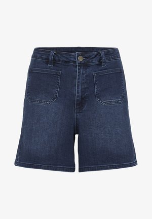 Şorturi din denim de culoare bleumarin închis. Au închidere cu nasture, bucle pentru curea și două buzunare la spate, având o tăietură dreaptă și un material rezistent.