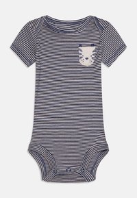 Bodysuit à rayures à manches courtes en bleu marine et blanc, doté d'une poche à motif de chat et de pressions à l'entrejambe. Matériau en coton doux.
