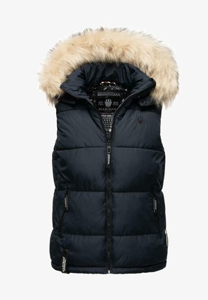 Marineblaue Steppweste mit abnehmbarer, futtergefütterter Kapuze, mehreren mit Reißverschluss versehenen Taschen und einem bestickten Logo auf der Brust.