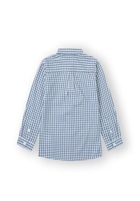 Camisa de manga larga en patrón de cuadros azul y blanco, con un cuello clásico, puños abotonados y un pliegue en la espalda para mayor comodidad de movimiento.