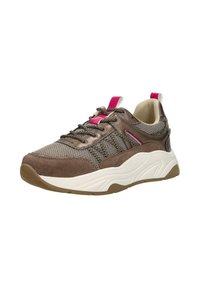 Bruine en grijze sneaker met mesh en suède materialen, een gestructureerde zool, roze accenten en stevige veters. Beschikt over een gevoerde kraag en hieltab.