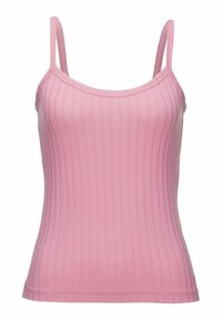 Roosa ribaga tank top õhukeste reguleeritavate rihmadega, millel on kohandatud disain ja sile tekstuur. Ümar kaelus, lisadeta.