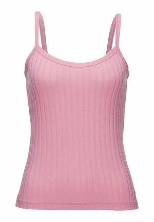 Top tank rose côtelé avec des bretelles fines et réglables, présentant un design ajusté et une texture lisse. Encolure arrondie, sans détails supplémentaires.