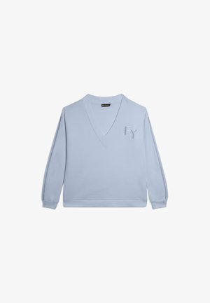 Felpa azzurro chiaro a maniche lunghe con scollo a V, logo "FY" sul petto e cuciture decorative lungo le maniche.