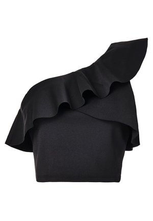 Musta, yhdellä olkapäällä oleva paita, jossa on röyhelömäinen muotoilu. Valmistettu sileästä kankaasta, siinä on rohkea, epäsymmetrinen muoto ja virtaviivainen siluetti.