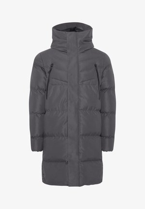 Gray puffer coat with a high collar, featuring two zippered chest pockets and a straight cut. Smooth fabric with stitched sections for insulation.