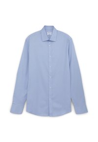 Camicia button-up azzurro chiaro a maniche lunghe. Presenta un colletto a punta, chiusura frontale con bottoni e una texture di tessuto liscia. Vestibilità classica.
