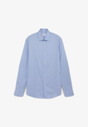 Hellblaues Langarm-Hemd mit Knopfleiste. Verfügt über einen spitzen Kragen, eine vordere Knopfleiste und eine glatte Stoffstruktur. Klassische Passform.