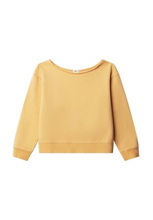 Senfgelbes, kurz geschnittenes Sweatshirt mit langen Ärmeln, weitem Ausschnitt mit rohem Saum sowie gerippten Bündchen und Saum.