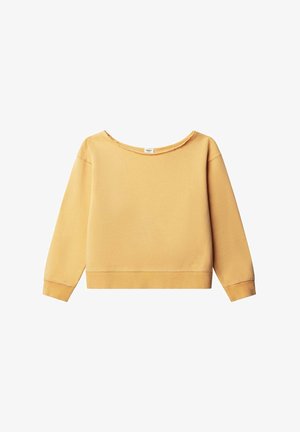 Mosterdgele cropped sweater met lange mouwen, brede halslijn met onafgewerkte rand en geribde boorden en zoom.