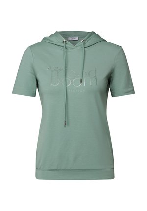 Haut à capuche mint green à manches courtes avec cordons, présentant une impression à l'avant "new mood" dans une texture brillante, fabriqué en matériau en coton doux.