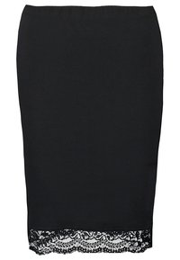 Czarna spódnica do kolan wykonana z elastycznego materiału, z koronkowym wykończeniem na dole w kontrastowej bieli. Elastyczny pas zapewnia łatwe dopasowanie i wygodę.