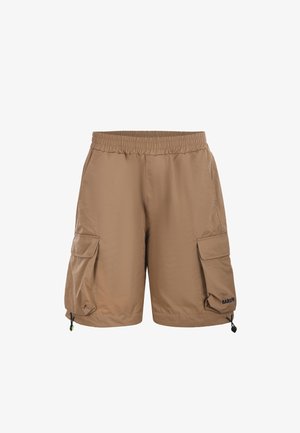 Pantaloncini cargo color sabbia con vita elastica, tasche laterali a patta con laccetti e piccolo logo sulla tasca destra.