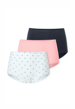 Drei Paare Damenunterwäsche: eines hellblau mit Palmenmuster, eines pink und eines navyblau. Hergestellt aus weicher Baumwolle mit nahtlosem Design.