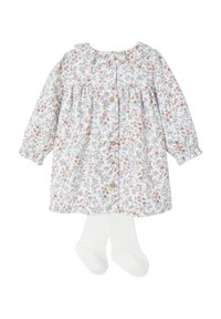 Blumenmusterkleid in Hellblau mit langen Ärmeln, Rüschensaum und Holzknöpfen. Inklusive weißer Strumpfhosen. Baumwollstoff, leichtes Material.