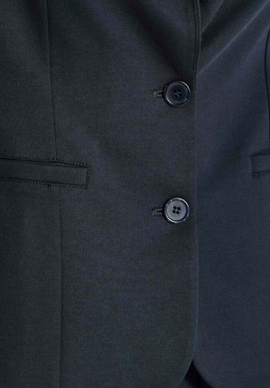 Black suit jacket featuring a smooth texture, two black buttons, and a single chest pocket with stitched detailing on the lapel.