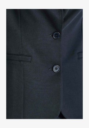 Black suit jacket featuring a smooth texture, two black buttons, and a single chest pocket with stitched detailing on the lapel.