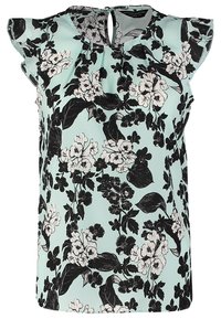 Blusa senza maniche di un azzurro chiaro con maniche a farfalla, stampa floreale in bianco e nero e un piccolo apertura a forma di chiave con chiusura a bottone sul colletto posteriore.