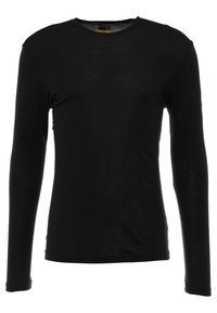 Czarny longsleeve z długim rękawem wykonany z gładkiego, lekkiego materiału. Posiada okrągły dekolt i dopasowane rękawy. Minimalistyczny design, bez wzorów czy akcentów.