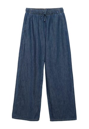 Pantalon en denim bleu à jambes larges avec taille élastique et cordon de serrage, doté de poches latérales et d'une coupe ample.
