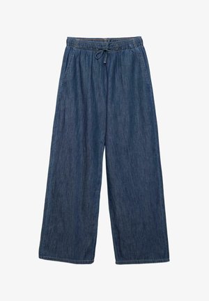 Pantaloni di denim blu a gamba larga con vita elastica e coulisse, dotati di tasche laterali e vestibilità ampia.