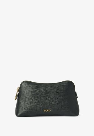 Black leather cosmetic bag with a textured surface, gold hardware, a zip closure, and a small logo embossed on the front.