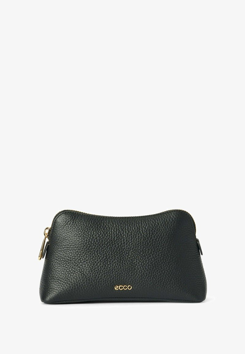 Beauty case in pelle nera con superficie testurizzata, hardware dorato, chiusura a zip e un piccolo logo impresso sul fronte.