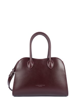 Borsa a mano in pelle marrone scuro con doppio manico superiore, finitura liscia e logo del marchio discretamente impresso al centro davanti.